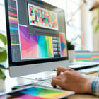 Two people working together on a computer, editing a logo design. One person points at the screen while the other takes notes at the desk. The computer displays the logo design in a graphic program.